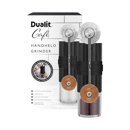 Image of Dualit Handheld Grinder - Black & Oak | Espresso to Filter Coffee Grind Range | Silicone Handle Grip & Stainless Steel Conical Burr | Non Slip, Easy to Turn Handle | 40 Grind Settings