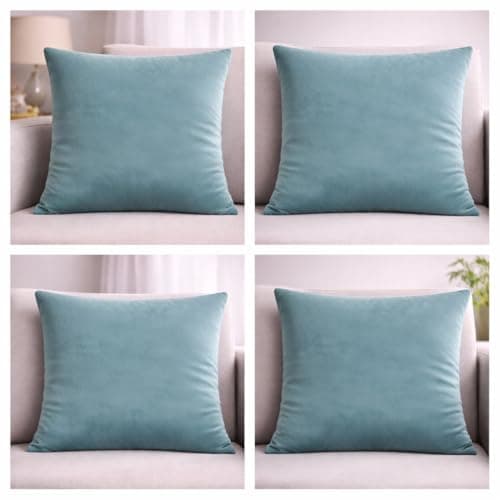 Image of Seechoo Velvet Cushion Set, 45 x 45 cm, 4 Filled Pads with Covers, Plain Super Soft Decorative Throw Pillows 18 x 18 Inch (Duck Egg)
