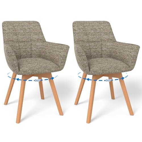 Image of LONGTOO Swivel Dining Chairs Set of 2, 360° Swivel Chair with Armrests, Wooden Legs, Upholstered Chair for Dining Room, Living Room, Kitchen, Bedroom, Brown