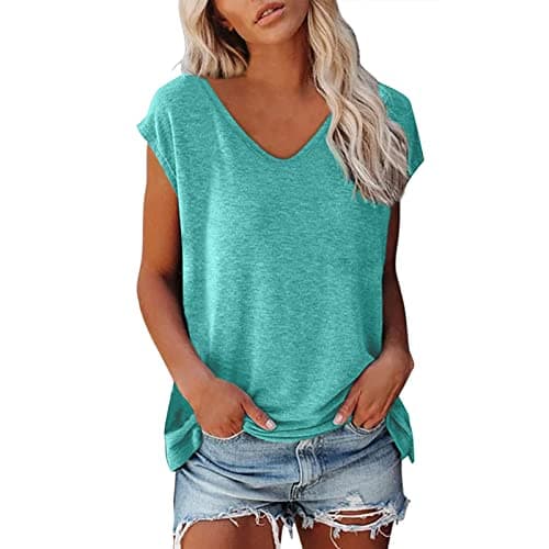 Image of Ladies T Shirts Casual Short Sleeve Loose V-Neck T-Shirt Plain Basic Tees Breathable Lightweight Cotton Summer Shirts Dressy Going Out Top Blouse Tunic Womens Tops UK Green XL