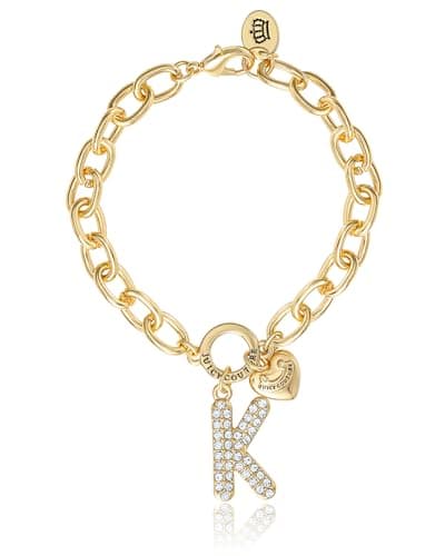 Image of Juicy Couture Charm Bracelet for Women 7.5", Gold-Tone K Initial Bracelet with Bubble Letter Charm and Clear Stones