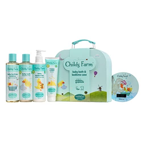 Image of Childs Farm Baby Gifting Suitcase Baby Wash Bubble Bath Baby Moisturiser Nappy Cream Suitable for Newborns Sensitive Skin, clear