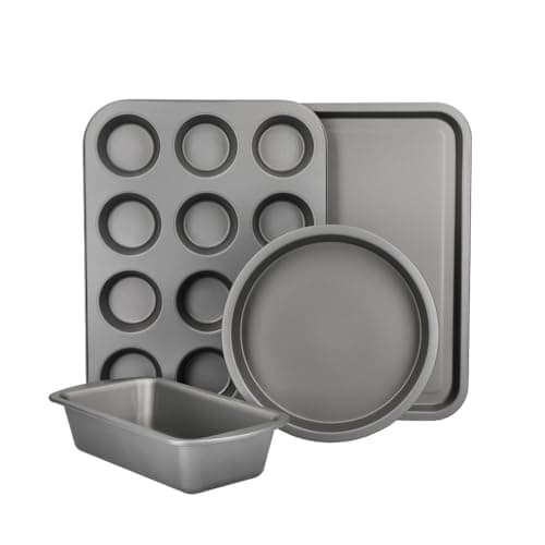 Image of KitchenCraft Non-Stick Baking Set, 4-Piece Bakeware Set Including Loaf Tin, Round Cake Tin, Rectangular Baking Tray and Muffin Tray, Carbon Steel, Gift Boxed