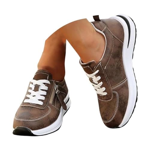 Image of Wedge Walking Shoes for Womens Lace Up and Side Zipper Fashion Running Sneakers Comfortable Lightweight Shock Absorbing Trainers Casual Sport Cross Trainer Shoe Non-Slip Sneaker for Fitness Brown