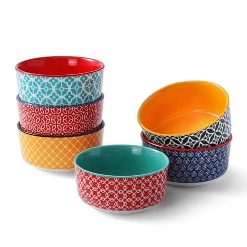 Image of DOWAN Ramekins Set of 6, 120 ml Creme Brulee Ramekins, Porcelain Ramekin Dishes for Crème Brûlée, Soufflé, Dessert, Microwave, Air Fryer & Dishwasher Safe, 9 cm, Multicolour