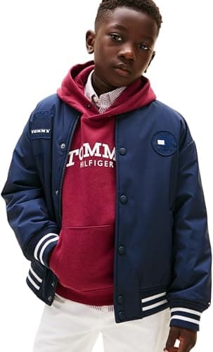 Image of Tommy Hilfiger Boy's PADDED GRAPHIC BOMBER KB0KB10079 Bomber Jacket, BLUE (Dark Night Navy), 7 Years