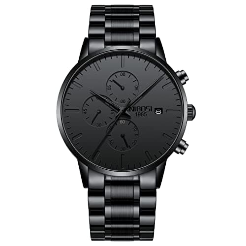 Image of NIBOSI Men's Analog Minimalist Watch - Black Dial Chronograph for Business, Military, Casual - Stainless Steel Strap with Date