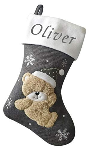 Image of Kids Essentials Personalised Boys Girls Christmas Stocking Xmas Embroidered Novelty Stocking (Dark Grey Teddy Bear)