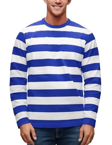 Image of Zengjo Mens Long Sleeved T-Shirts Striped(Blue/Off White,XXL)