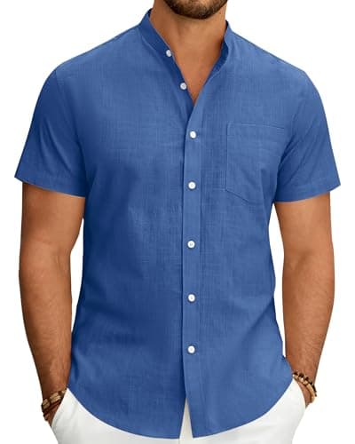 Image of J.VER Mens Linen Shirts Short Sleeved Summer Holiday Grandad Collar Lightweight Regular Fit Cotton Button Down Shirt with Pocket Royal Blue M