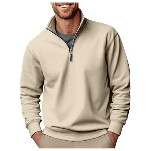 Image of Mens 1/4 Zip Sweatshirts Loose Fit Lightweight Solid Color Top Classic Windproof Warm Athletic Sport Outdoorwear Athletic Sport Zip Outdoorwear (Beige, XL)