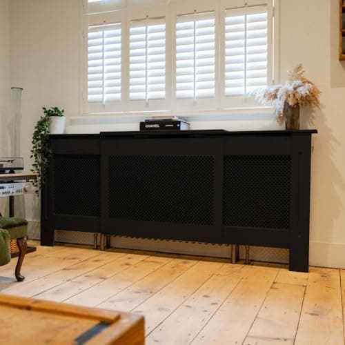 Image of Jack Stonehouse Extra Large Radiator Cover Black Paint - Over Radiator Shelf Clip On With Diamond Slats - Sturdy MDF Wooden Radiator Covers For Bedroom Or Living Room Furniture - Slim Radiator Cover