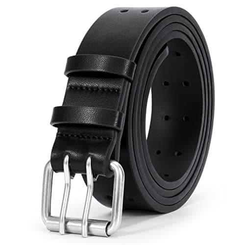 Image of LEACOOLKEY Double Prong Leather Belts for Men PU Leather Work Belt For Jeans,2 Holes Casual Leather Belt for Men,Black，Fits Pants Size up to 38"
