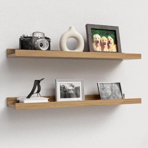 Image of RICHER HOUSE Oak Floating Shelves for Wall Set of 2, 60 CM Wood Floating Shelves Modern for Photo Ledge Display, Wall Decor, for Room Decor, Living Room, Bedroom, Bathroom, Kitchen, Laundry