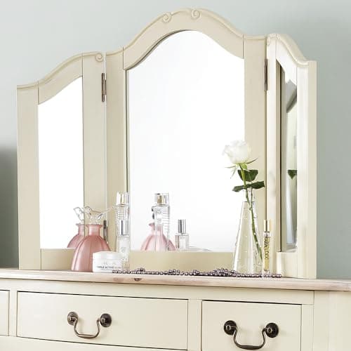 Image of Statement Furniture Juliette 3-Way Dressing Table Mirror | Angle Adjustable, Arched, Wooden Frame, Carved Detail, French Style, Tri Fold | W84cm, H60cm, D2cm (champagne)