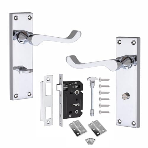Image of Golden Grace Victorian Scroll Bathroom Door Handles Lock Pack in Polished Chrome Finish with 64mm Bathroom Lock & 3" Hinges