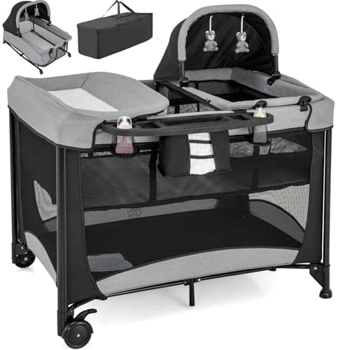 Image of Maxmass 5 in 1 Baby Travel Cot, Foldable Infant Crib with Mattress, Diaper Changer, Storage Pockets, Hanging Toys, Lockable Wheels & Carry Bag, Portable Bedside Sleeper for Newborn (Black)