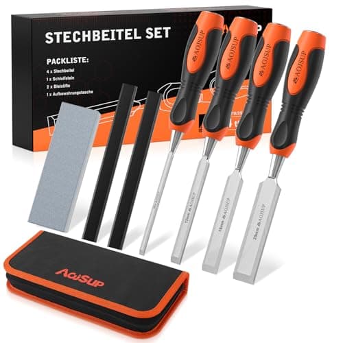 Image of AojSup Wood Chisel Set, Professional Chisel Set Included 4X Wood Chisel(6mm, 12mm,19mm, 25mm), 2X Carpentry Pencils, 1x Whetstone, 1x Storage Bag, Perfect for Woodworking, Wood Carving & Sculpting