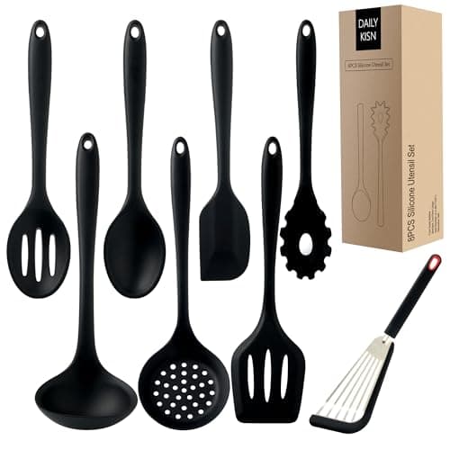 Image of Silicone Kitchen Utensils Set, Heat Resistant, Non-Stick Coated, Cooking Utensils, Silicone Spatula, Turner, Serving Spoon, Soup Ladle, Slotted Spoon, Pasta Server, Skimmer, Fish Spatula