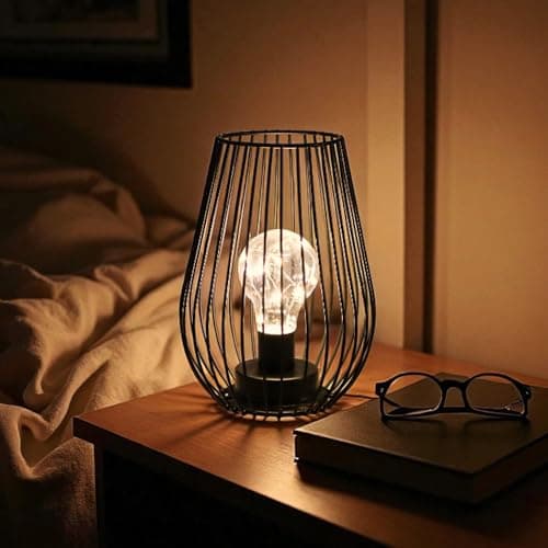Image of TRIROCKS Metal Battery Operated Table Lamp 21cm Tall Cage Shape Cordless Lanterns with Warm Fairy Lights Bulb for Patio Garden Bedside Wedding Hallway Indoor Outdoor (Black)