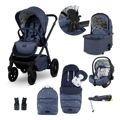 Image of Cosatto Giggle 4 Travel System Everything Bundle | Pram, Pushchair, Carrycot & Tote, Infant Carrier Car Seat & Base | Birth-4 Years, i-Size Group 0 | Compact Fold, Footmuff, Bag, Raincover (Skylark)