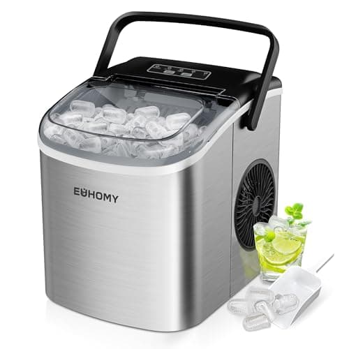 Image of EUHOMY Ice Maker Machine Countertop Ice Cube Maker with Portable Handle, 9 Ice Cubes in 6 Mins, Self-Cleaning Compact Ice Maker 12 kg in 24 Hrs, with Ice Scoop and Basket for Home/Kitchen/Office/Bar