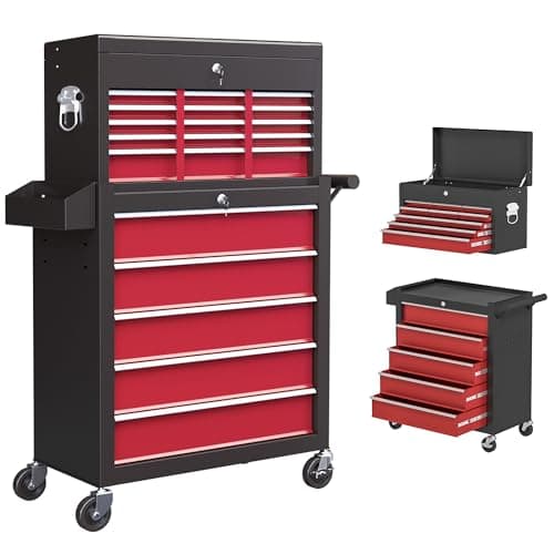 Image of HOMCOM 2 in 1 Rolling Tool Cabinet on Wheels with 14 Drawers, Pegboard and Side Rack, Lockable Top Tool Chest and Roller Cabinet Combo for Workshop and Home, Red