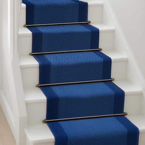 Image of Bravich Navy Border Hallway Runner Rug, Hessian Backed Flexible Stair Carpet Runner, Extra Long Length, Ideal for Stairs, Hallways & Kitchens 60x180CM (2'X6')