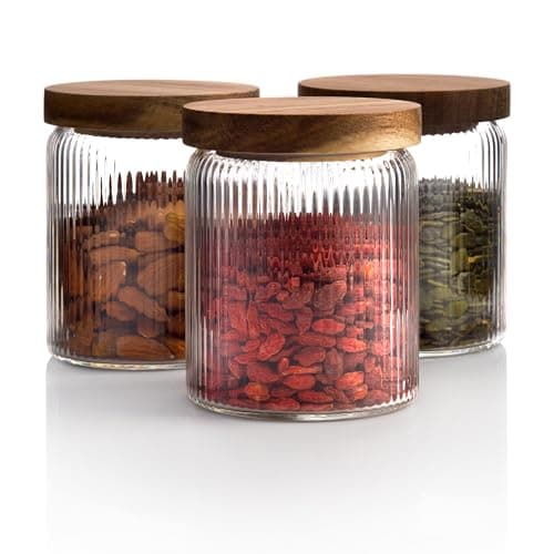 Image of Mason & Fable Ribbed Glass Jar with Wooden Lid 500ml set of 3 | Airtight Glass Storage Canister for Food, Pasta, Coffee, Dog Treats, Snacks | Container for Home & Kitchen