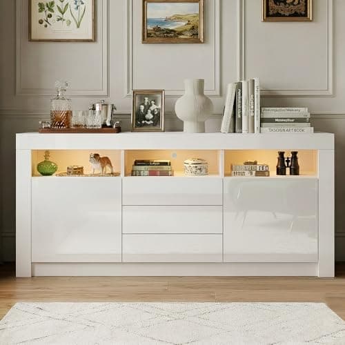 Image of Komtopod 160cm Sideboard for Living Room Cupboard Cabinet High Gloss Highboard with 2 Doors 3 Drawers and LED Lighting TV Stand Unit Furniture Home Units White