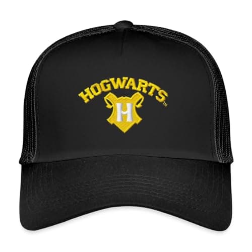 Image of Spreadshirt Harry Potter Hogwarts Logo Embroidery Design Trucker Cap, One Size, Black/Black