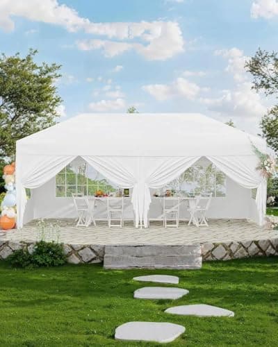 Image of Heavy Duty 3x6m Pop Up Canopy, Waterproof Marquee Canopy Tent, 6 Removable Sidewalls, 3 Adjustable Heights, Portable Roller Bag, 4 Weight Bags, 8 Stakes, 6 Guy Ropes, For Garden, Camping, White