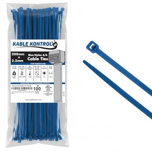 Image of Kable Kontrol Blue Cable Ties, 200 mm x 2.5 mm, Pack of 100, 8" Premium Nylon Zip Ties, Multi-Purpose Plastic Tie Wraps, Secure Self-Locking Mechanism, for Home, Garden, Office and DIY