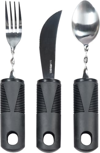 Image of Aidapt Easy to Grip Cutlery Set. 3 Pieces-Bendable Fork&Spoon, Rocker Knife,Slot to Attach Wrist Strap,Dishwasher Safe,Parkinsons,Disabled,Stroke,Weak Grip,Limited Mobility,Large Soft-Touch Handles