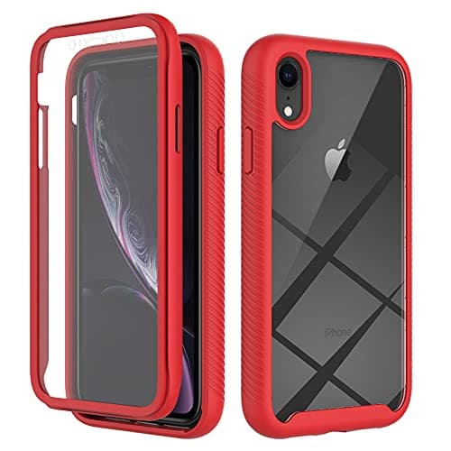 Image of Knoowcase for iPhone XR Case Built-in Screen Protector iPhone XR Phone Case Shockproof Bumper Clear Rugged Hard Shell Full Body Protection Silicone Rubber Stylish Cover,Red