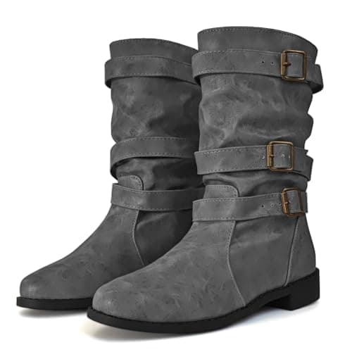 Image of Dernolsea Women's Flat Mid Calf Boots, Pull On Buckle Ladies Pixie Slouch Boots Gray Size 6