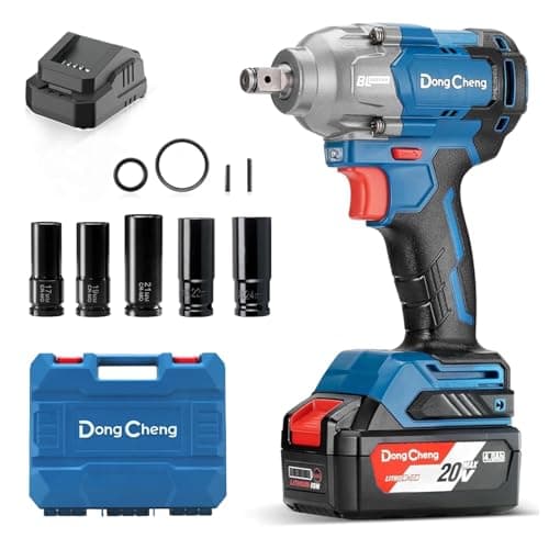 Image of Dong Cheng 20V Brushless Impact Wrench, Max Torque 682N.m, 1/2 inch with 3 Mode Speed, 2400 RPM Cordless Impact Gun, Includes 4.0Ah Battery, Charger, 4 Impact Sockets and Storage Box
