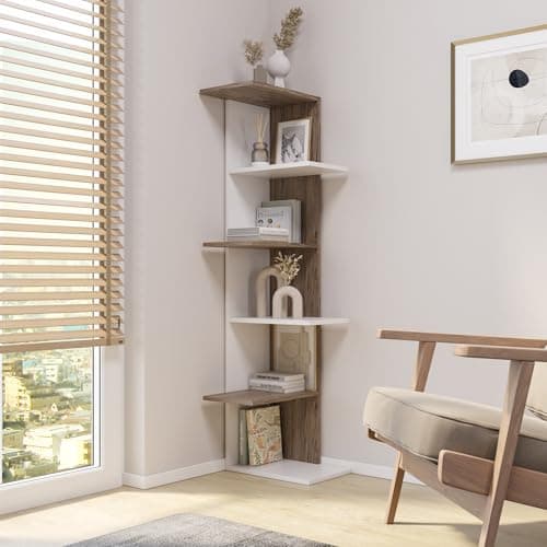 Image of URBNLIVING Wooden Modern Free Standing Display Corner Bookcase (White+Oak, 5 Tier)