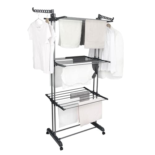 Image of BARGAIN FACTORY Airer Clothes Drying Rack,4-Tier Grey Foldable Clothes Hanger Adjustable Large Stainless Steel Garment Laundry Racks for Indoor Outdoor with Foldable Wings