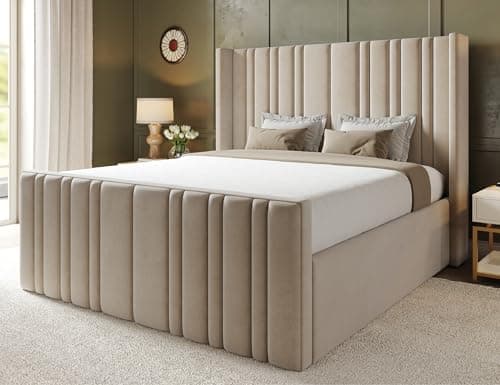 Image of Furnishion Brixton Wingback King Size Bed Frame 5ft, Modern Plush Velvet Upholstered Design, Luxury King Size Bed for Stylish Bedrooms, Strong 5ft King Bed Frame with Wooden Slats in Cream Plush