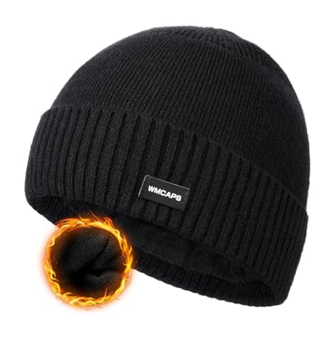 Image of Wmcaps Warm Knit Beanie for Men and Women, Winter Warm Wooly Hat with Fleece Lining, Stretchy Knitted Cuffed Fisherman Beanie, Black