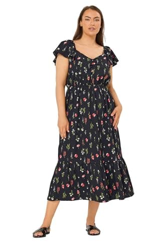 Image of Yours Curve Floral Ruched Maxi Dress - Women's - Plus Size Curve Black