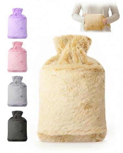 Image of KEPLIN Hot Water Bottle 2L with Soft Faux Fur Cover, Leakproof Natural Rubber, Long Lasting Warmth for Neck, Back & Hands, Fluffy Cosy Design for Men & Women, Winter Comfort - Cream