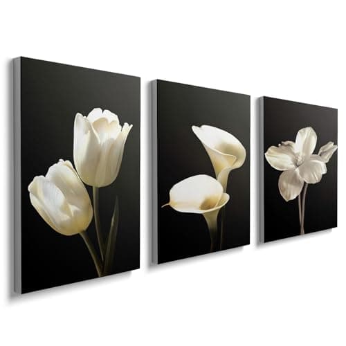 Image of prinfantasy Wall Art 3 Panels Wooden Framed Black White Flowers Canvas Painting Prints Pictures for Living Room Bedroom Home Office Decoration 90x40cm (12"x16"x3pcs) YH1608