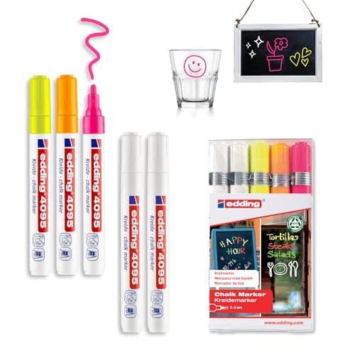 Image of edding 4095 Chalk Marker Pen Set - White, Yellow, Orange, Pink - 5 Chalk Pens - Round Tip 2-3 mm - Wet Wipe Pen for Chalkboards, Windows, Glass, Mirrors - Liquid Chalk Marker Pens for Opaque Coverage