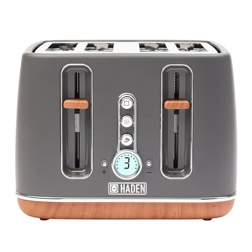 Image of Haden Dorchester Grey Toaster 4 Slice - Variable Browning Levels - Digital Controls & Wide Slots 4 Slice Toaster - Cancel/Defrost/Reheat Settings - With Wood Effect Finish
