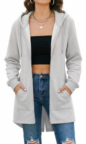 Image of Tuopuda Womens Long Hoodies Zip Up Plain Hoodie Long Sleeves Ladies Fleece Longline Hoodie Sweatshirts Casual Loose Hooded Coat Zipper Plus Size Tops Pullover Jacket with Pockets(Light grey,M)