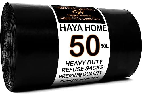 Image of Haya Home 50L 50 Bin Bags Heavy Duty Bin Liners, Black Plastic Refuse Sacks large Garbage Waste Dustbin Bags for Kitchen Home Office DIY Garden from 100% Recycled Material