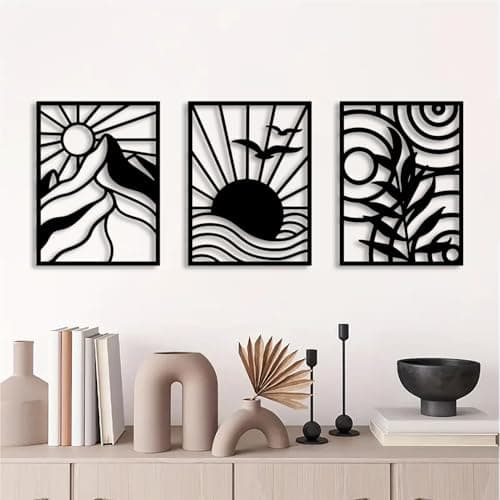 Image of DUOOLN Large 3 Pcs Abstract Metal Wall Art, Black Bohemian Decor Hanging, Minimalist Single Line Art Wall Décor Sculptures, Living Room Bedroom Bathroom Office Farmhouse Decoration-37.4x14.9in