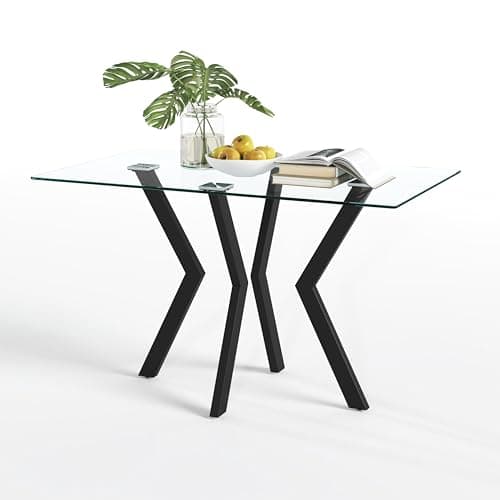 Image of GOLDFAN Rectangle Glass Dining Table 47.2” Modern Style Kitchen Table for 4 with Black Steel Legs for Home Office Dining Room